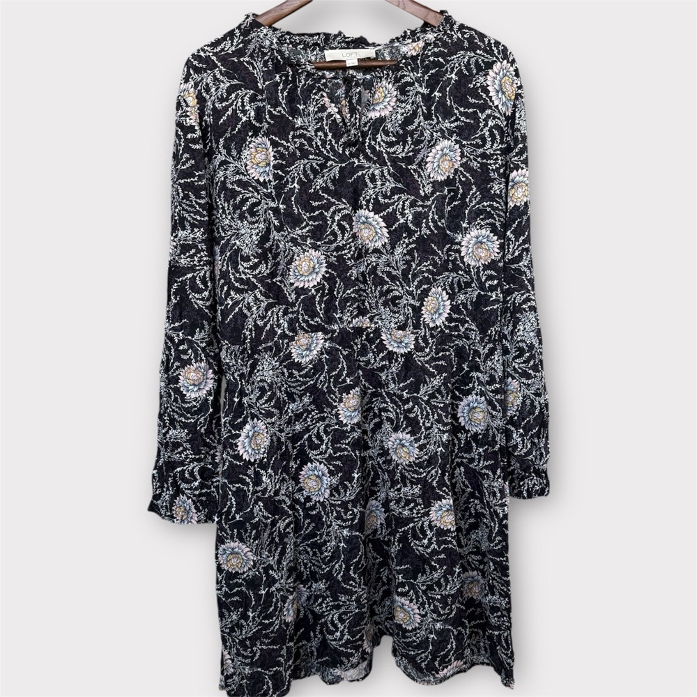 LOFT Long Sleeve Floral Mini Dress Women's XL Gray Pink White Peonies - Picture 2 of 6